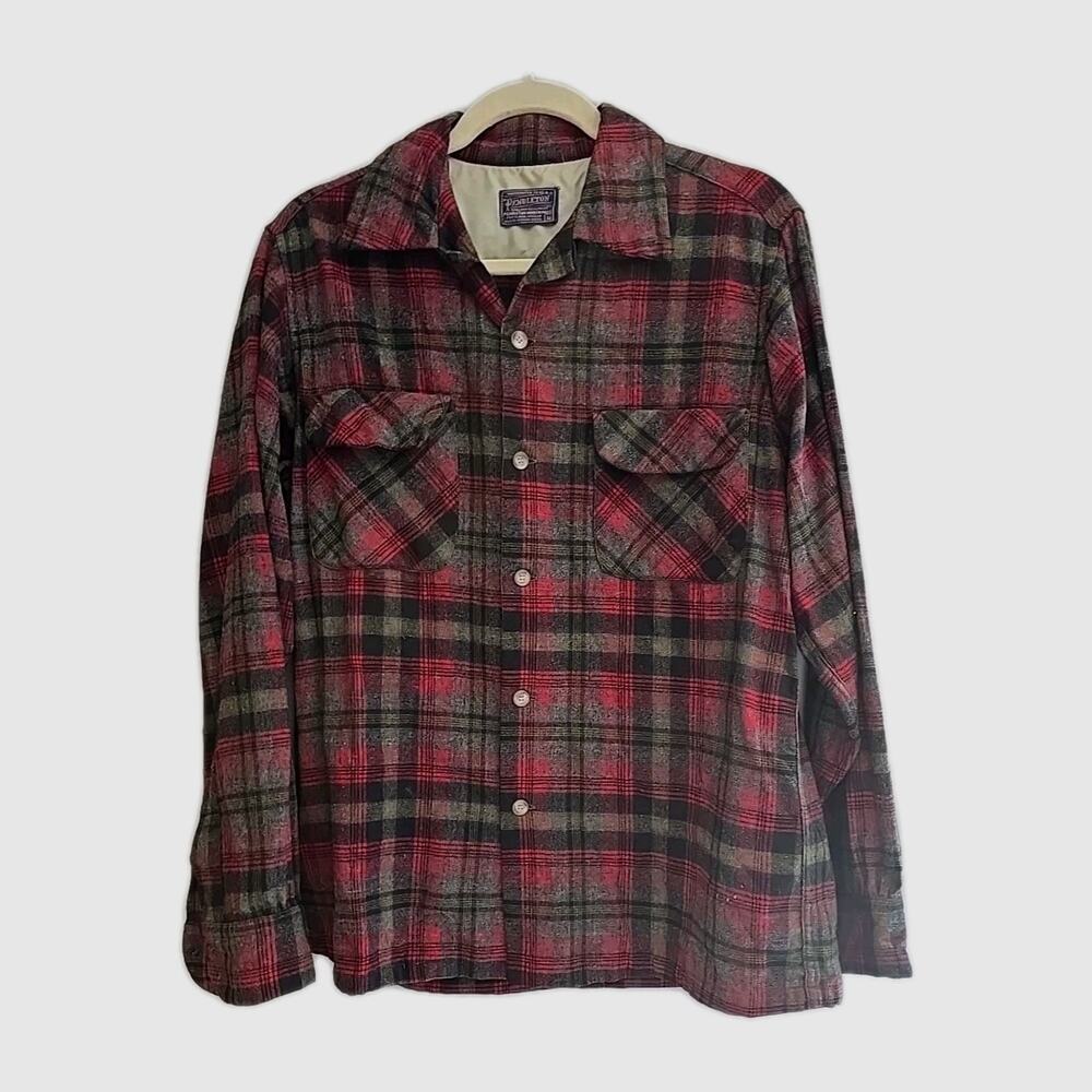 Vtg 1960 Pendleton Red Plaid Wool‎ Flannel Button Down Shirt Men's Size Medium